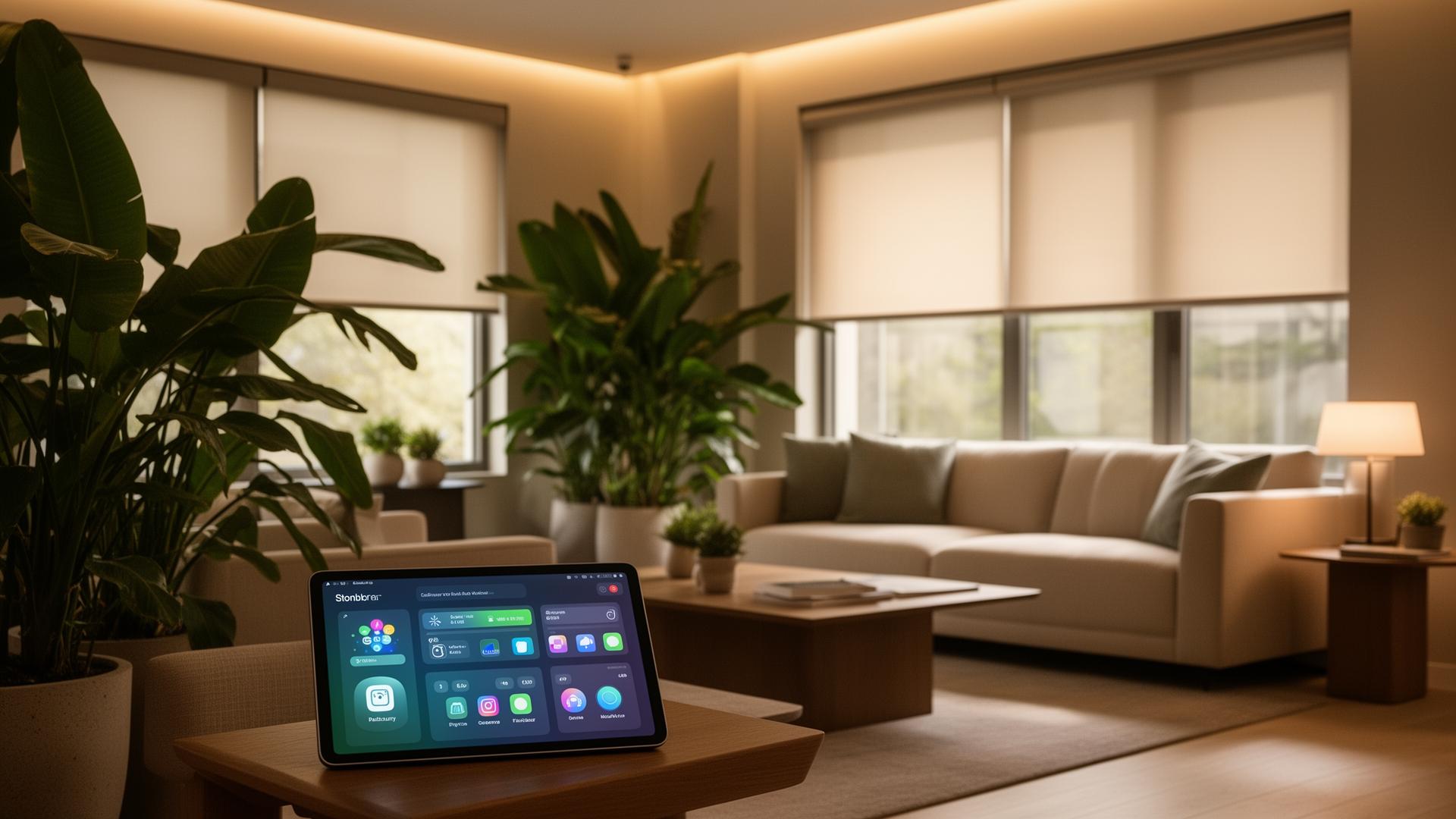Salon contemporain avec tablette de pilotage domotique, stores motorisés et plantes vertes