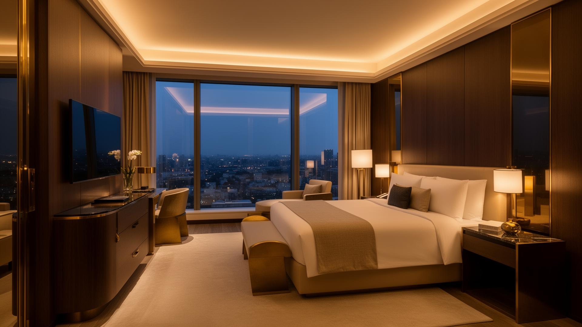 Suite d'hôtel 5 étoiles avec éclairage domotique haut de gamme au crépuscule