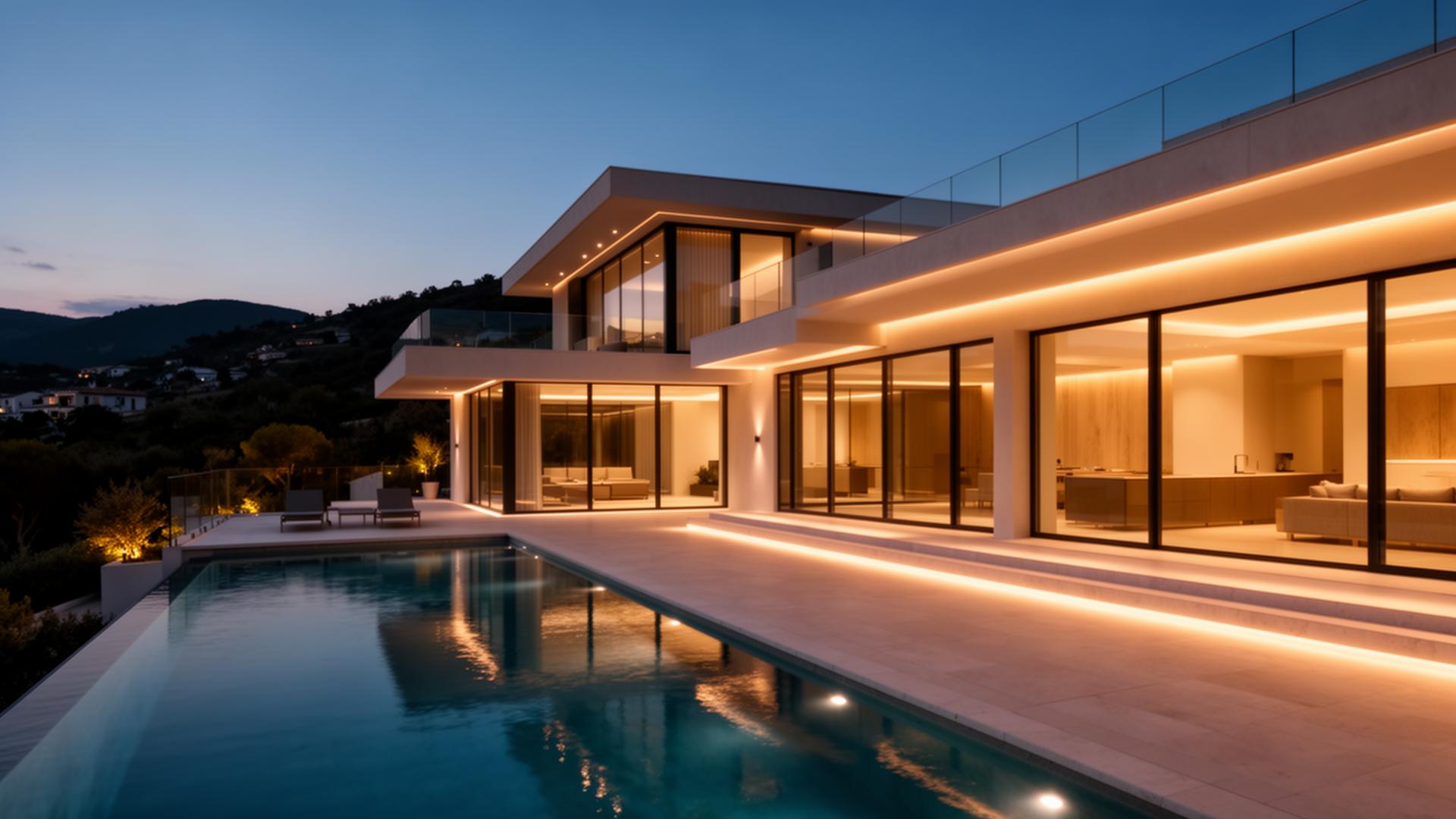 Villa contemporaine de luxe au crépuscule, façade éclairée et piscine à débordement
